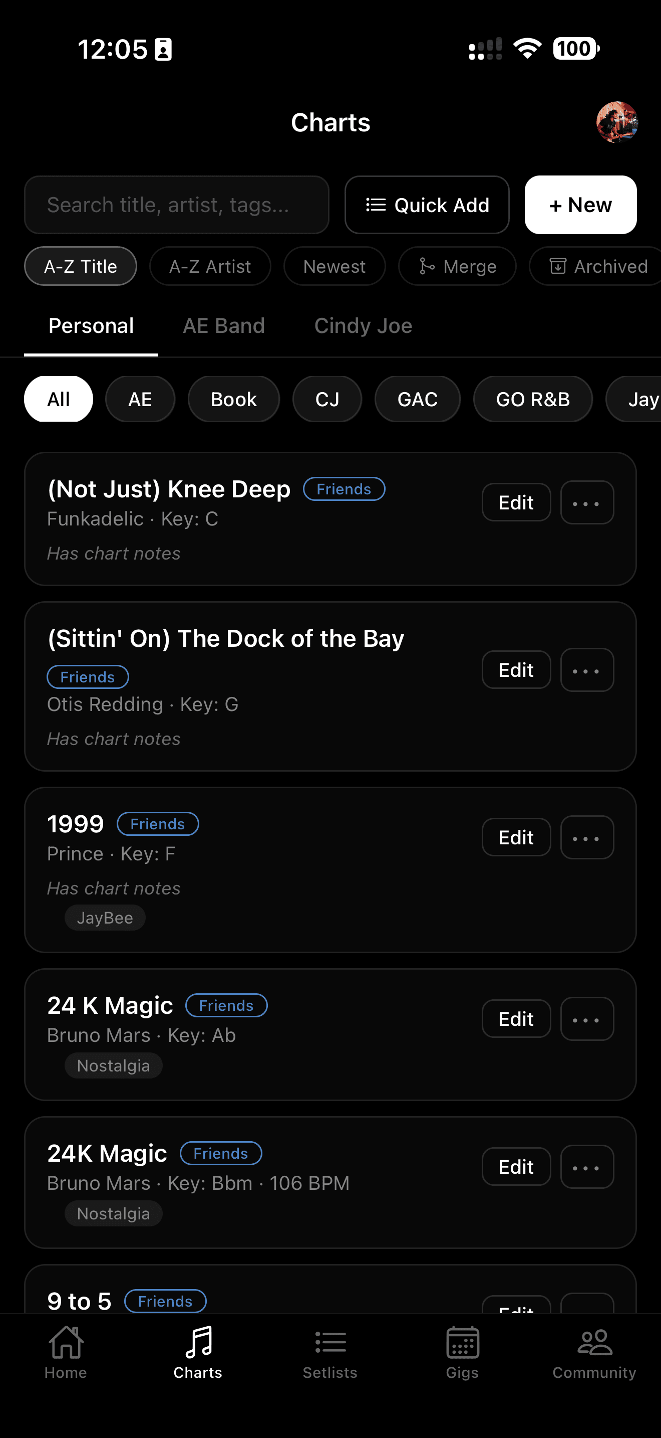 SetBook chart library — songs with keys, tags, and band folders