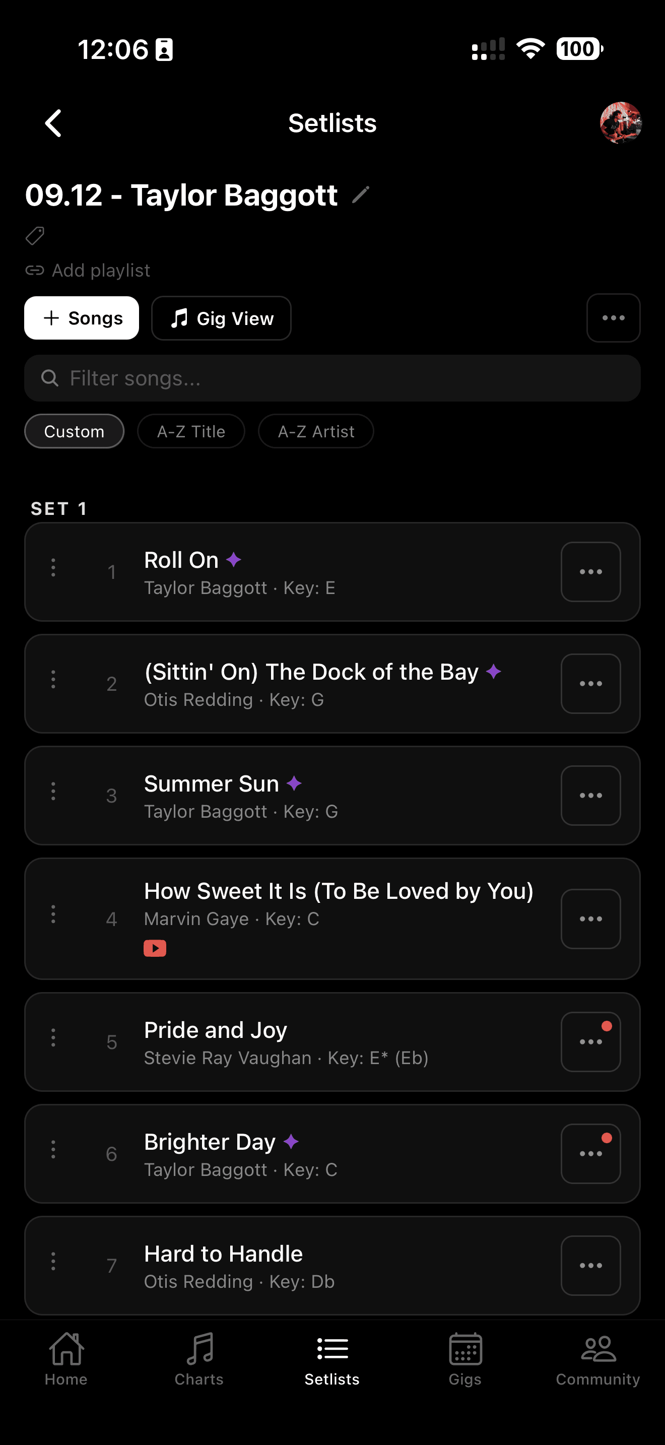 SetBook setlist builder — songs organized into sets with per-gig keys