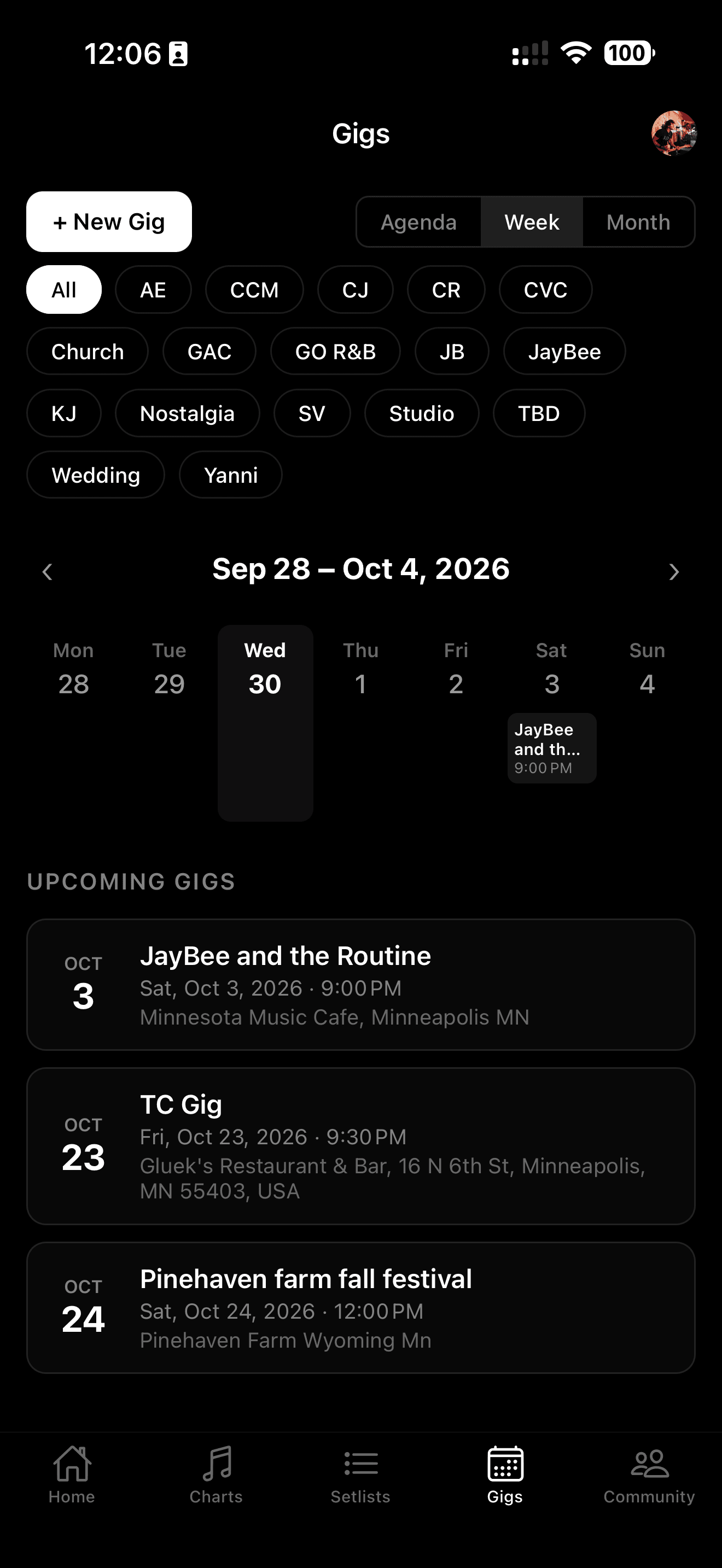SetBook gig calendar — upcoming gigs with dates, venues, and times